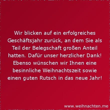 Wir blicken auf ein erfolgreiches Geschäftsjahr zurück, an dem Sie als Teil der Belegschaft großen Anteil hatten. Dafür unser herzlicher Dank! Ebenso wünschen wir Ihnen eine besinnliche Weihnachtszeit sowie einen guten Rutsch in das neue Jahr!