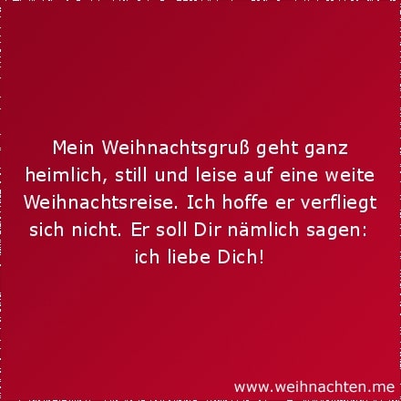 Mein Weihnachtsgruß geht ganz heimlich, still und leise auf eine weite Weihnachtsreise. Ich hoffe er verfliegt sich nicht. Er soll Dir nämlich sagen: ich liebe Dich!