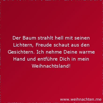 Der Baum strahlt hell mit seinen Lichtern, Freude schaut aus den Gesichtern. Ich nehme Deine warme Hand und entführe Dich in mein Weihnachtsland!