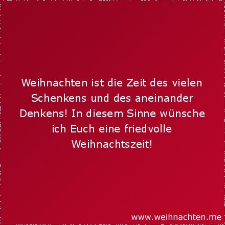 Weihnachten ist die Zeit des vielen Schenkens und des aneinander Denkens! In diesem Sinne wünsche ich Euch eine friedvolle Weihnachtszeit!