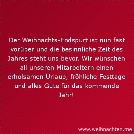 Der Weihnachts-Endspurt ist nun fast vorüber und die besinnliche Zeit des Jahres steht uns bevor. Wir wünschen all unseren Mitarbeitern einen erholsamen Urlaub, fröhliche Festtage und alles Gute für das kommende Jahr!