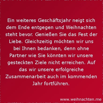 Ein weiteres Geschäftsjahr neigt sich dem Ende entgegen und Weihnachten steht bevor. Genießen Sie das Fest der Liebe. Gleichzeitig möchten wir uns bei Ihnen bedanken, denn ohne Partner wie Sie könnten wir unsere gesteckten Ziele nicht erreichen. Auf das wir unsere erfolgreiche Zusammenarbeit auch im kommenden Jahr fortführen.